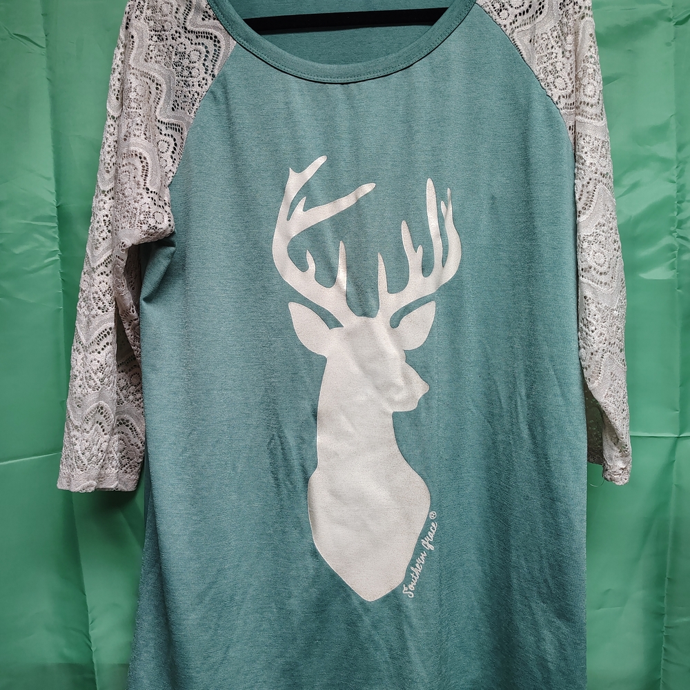Southern Grace Teal & White Lace Raglan Long Sleeve Top with Deer Silhouette